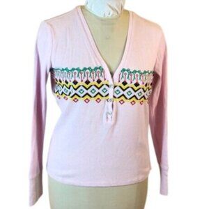 Victorias Secret Thermal Pullover Top Pink Long Sleeve V-Neck Button-Up Large